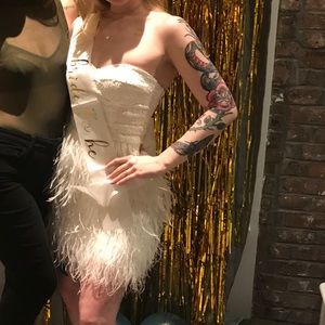 white bebe "ISIS SEQUIN" feather dress size small